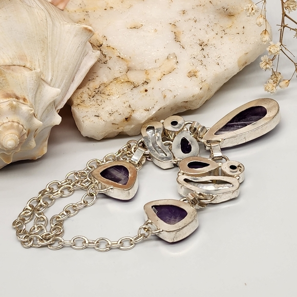 Silver 925 Long Necklace Pendant Pearl  Amethyst Stones - Picture 6 of 10